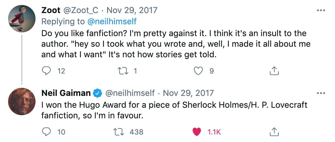 Online exchange between Neil Gaiman and a reader about fanfiction