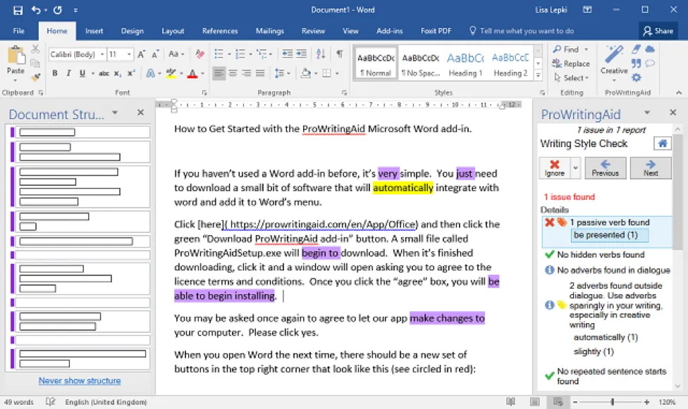 Using ProWritingAid in MS Word