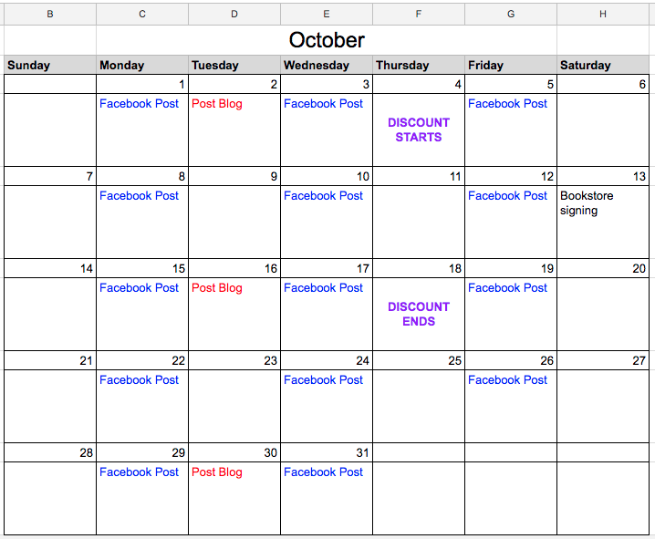 A sample calendar for holiday marketing