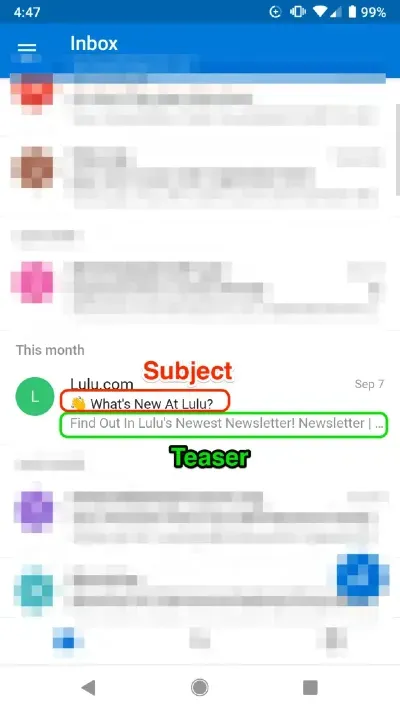 Gmail mobile app showing an email subject and teaser