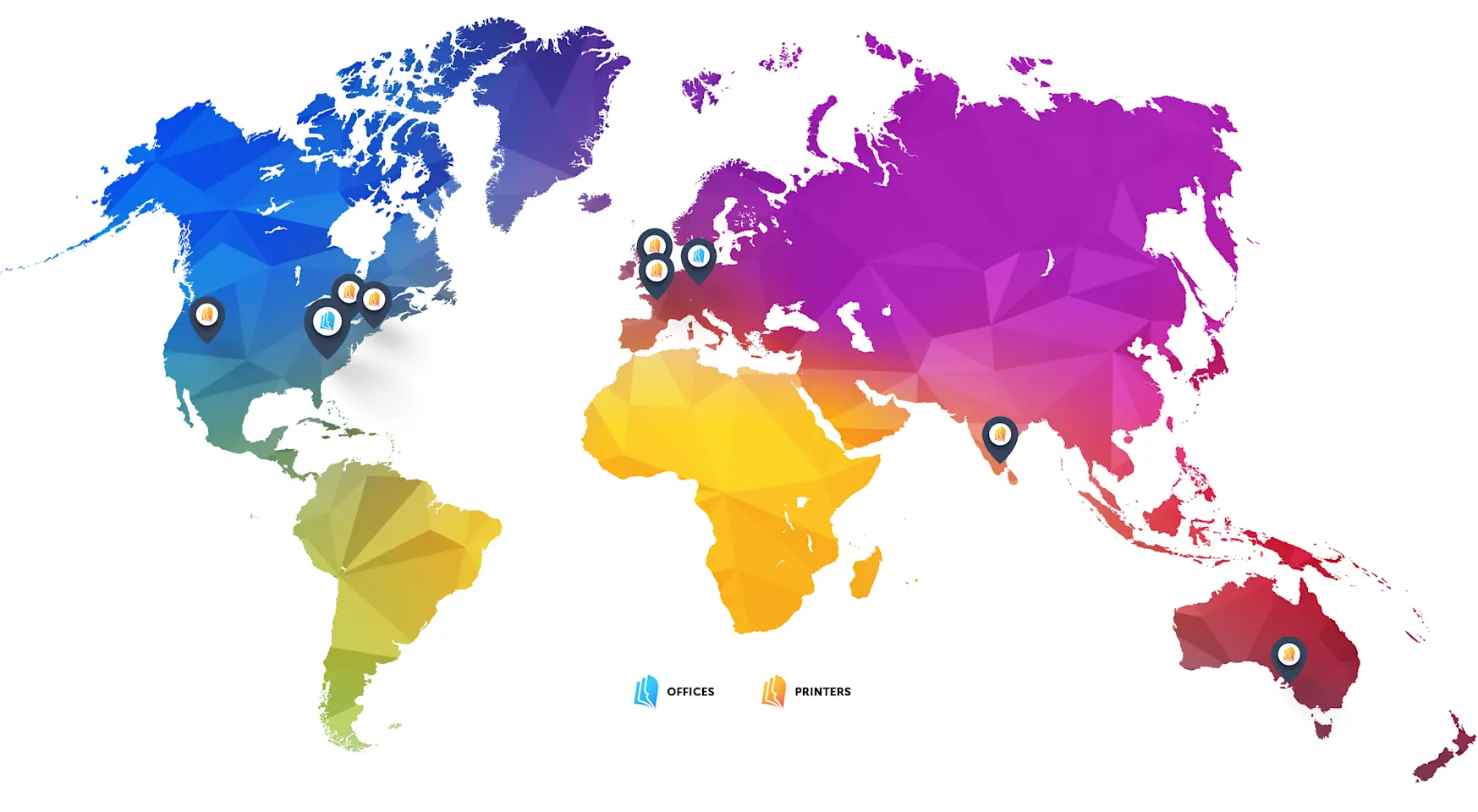 A map of the world showing Lulu's printing locations and offices