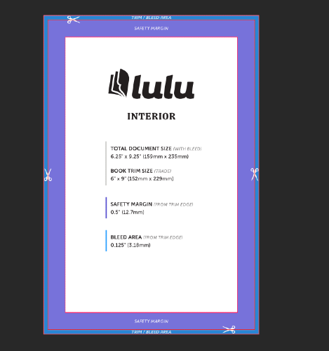 The Lulu page template for a 6 inch by 9 inch book, single page template