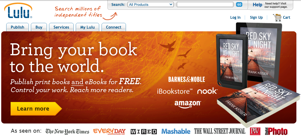 The old Lulu website, taken from archive.org, showing the site banner, navigation, and images of books.