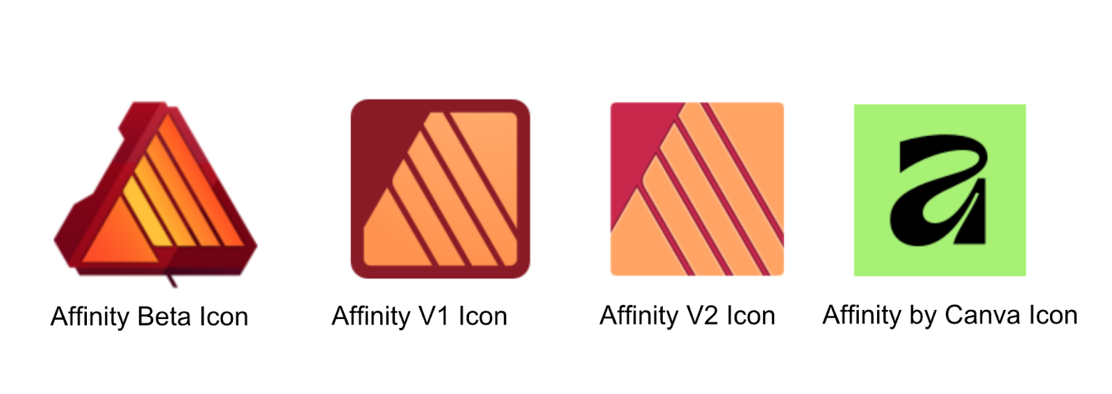 The four Affinity Publisher logos from the Beta logo to the modern Affintiy by Canva logo