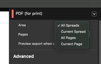 PDF page settings for export from Affinity by Canva