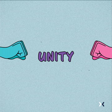 GIF of two fists bumping. The text 'Community' and 'Unity' flashes behind the fist bumping