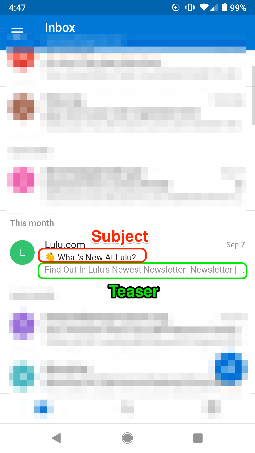 Mobile subject line and teaser sample