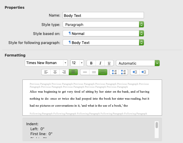Word's paragraph style settings for editing