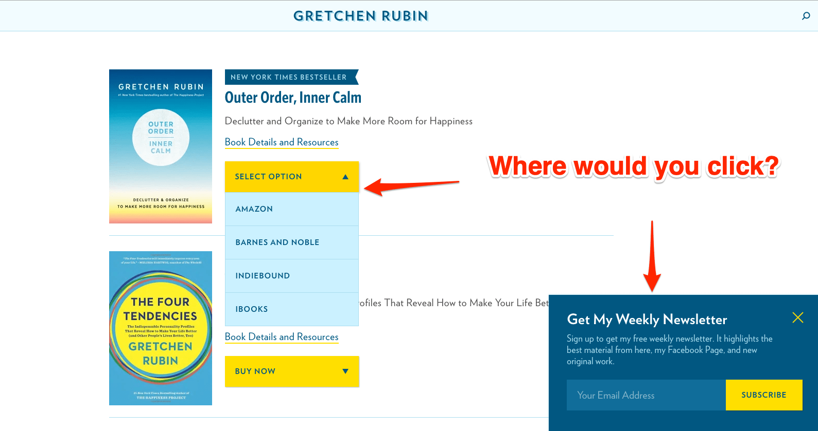 Gretchen Rubin's buy page from her website, highlighting where you would put an ecommerce link to your own shopping cart.