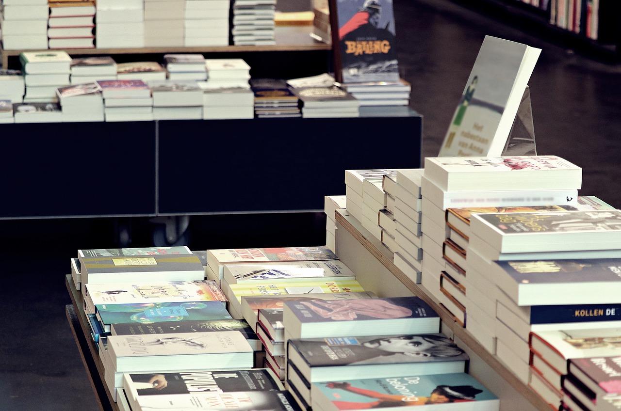 Stock image from Pixabay of a bookstore shelf and stack of books