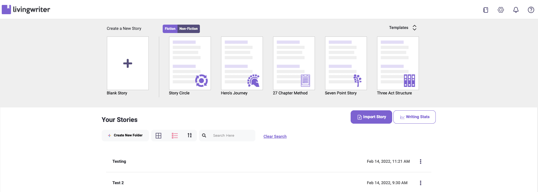 Living Writer's dashboard features a variety of template options.