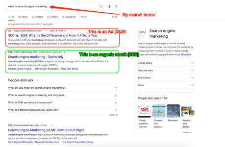 Search results page highlighting SEM content versus organic content