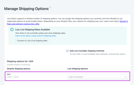 Shipping options screen in Shopify