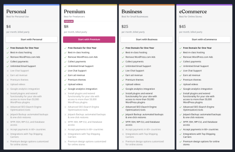 WordPress pricing plans including personal, premium, business, and ecommerce