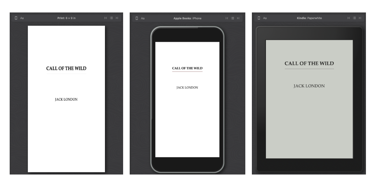 Three preview examples of a book created using Vellum