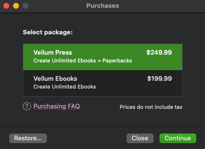 Vellum's pricing for ebook and print + ebook exporting.