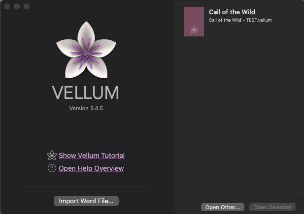Vellum's welcome screen